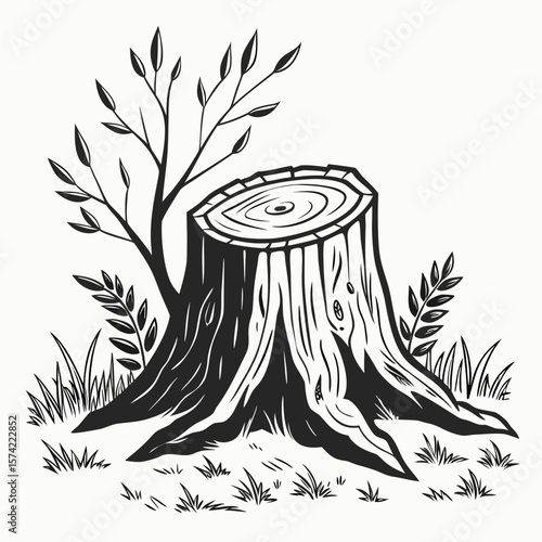 Tree stump with branches and grass wood nature