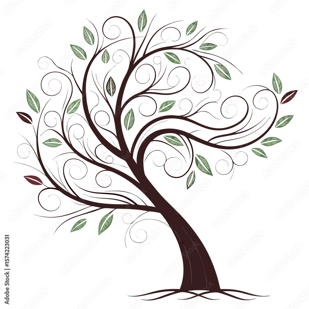 Obraz premium Stylized tree with swirling branches and leaves abstract
