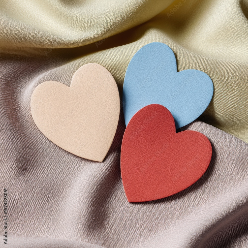 Fototapeta premium Colorful Heart-Shaped Paper Cutouts on Soft Fabric Background
