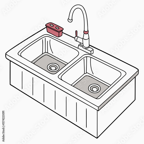 Double kitchen sink with faucet and soap dish double basin