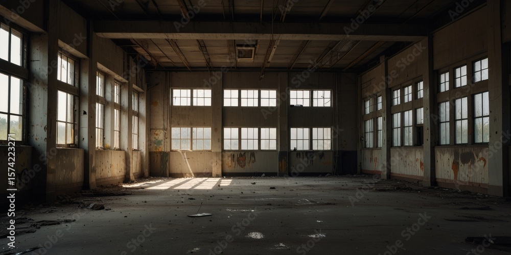 Sunlight Falls Through Tall Windows in an Abandoned Industrial Hall with Decay and Graffiti Sunlight Falls Through Tall Windows in an Abandoned Industrial Hall with Decay and Graffiti