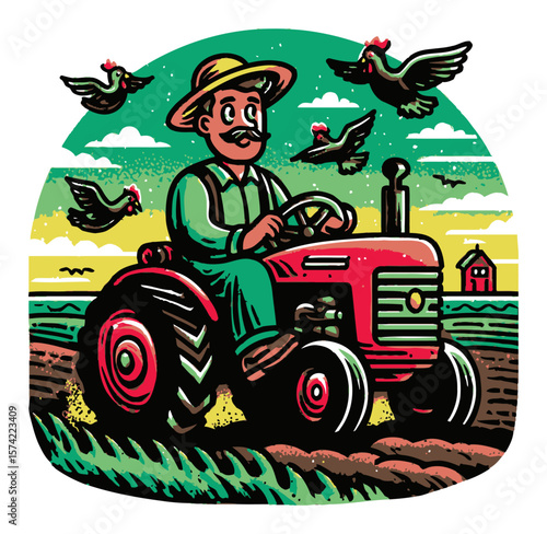 Cartoon Farmer Driving Vintage Tractor with Birds in Colorful Landscape