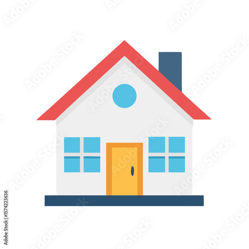 Simple house with red roof and blue windows home building