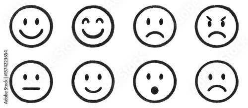 Hand drawn chalk or pencil emoji faces set with various expressions, different emotions. Simple sketch style emoticons