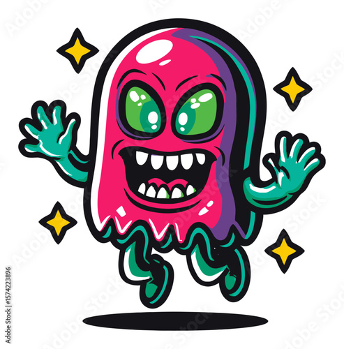 Colorful Cartoon Alien Starfish with UFO in a Fun and Whimsical Design