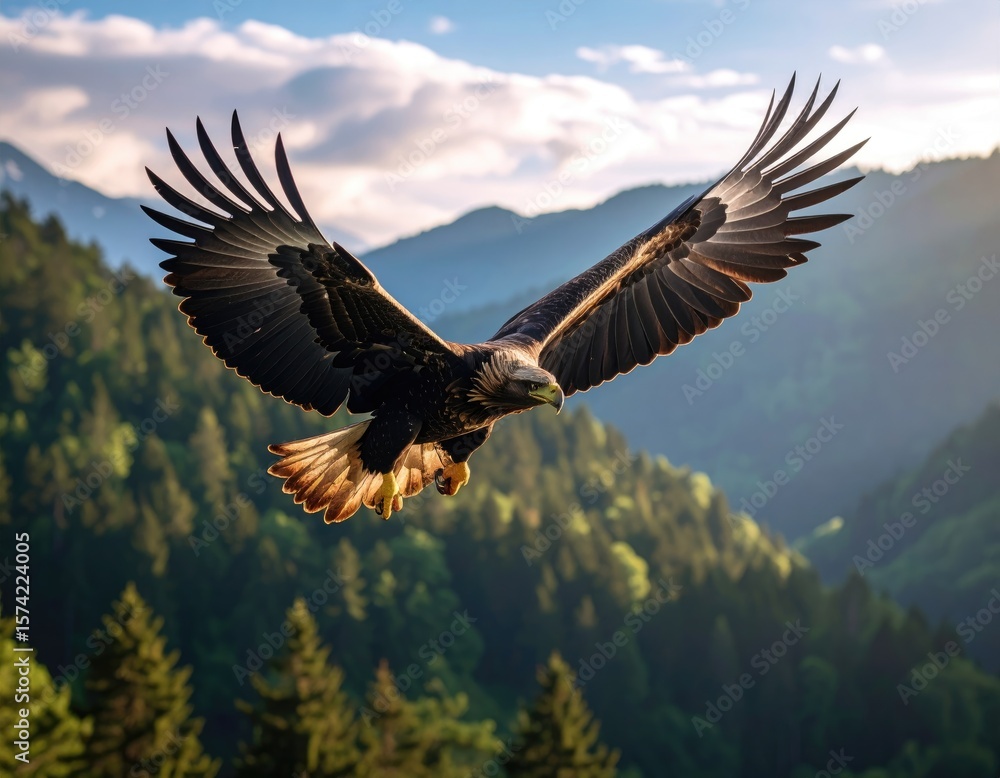 Fototapeta premium Majestic eagle soaring above mountain forest