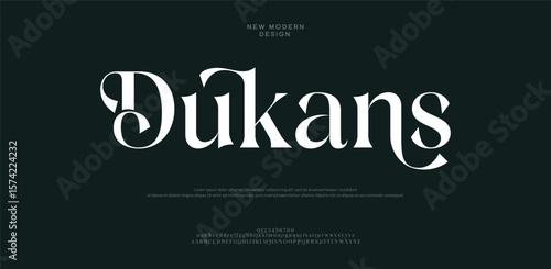 Dukans Classic serif font alphabet letters fancy gentle typographic design. Elegant anthique typography. 