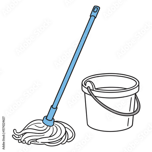 Blue handled mop and white bucket cleaning household