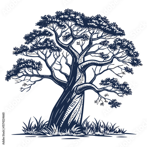 Dark blue baobab tree with lush foliage and grass nature