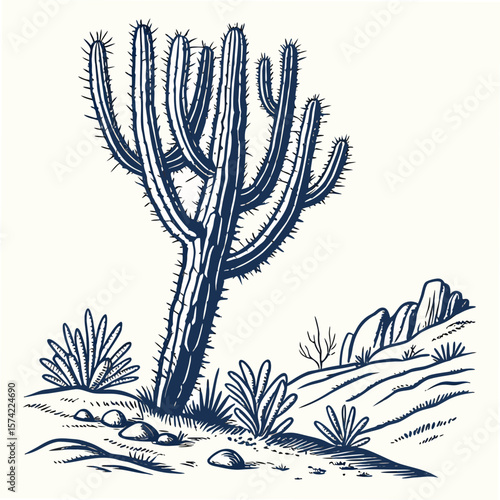 Tall cactus with spiky branches in desert landscape plant nature