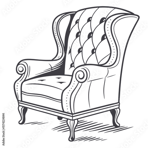 Elegant tufted wingback armchair with ornate legs upholstered