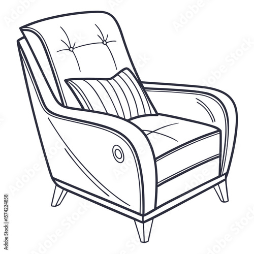 Tufted armchair with striped cushion and decorative button upholstered