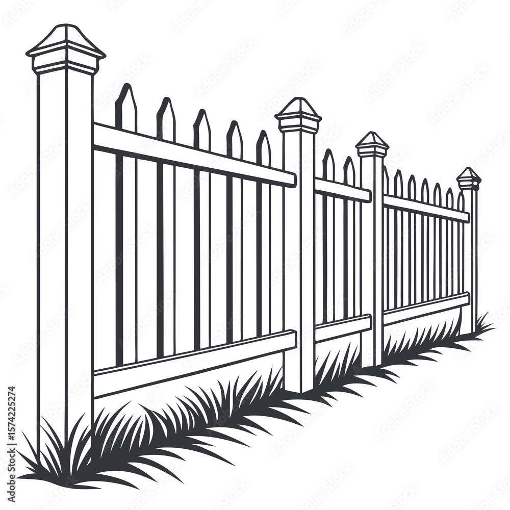 Fototapeta premium White picket fence with grass and posts garden background