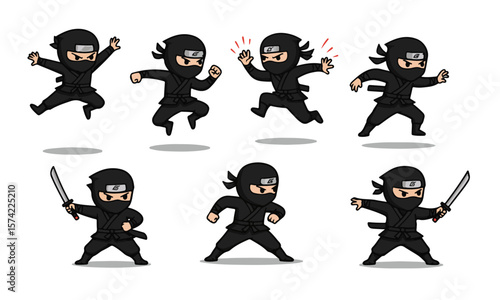 Dynamic Black Chibi Ninjas in Action Poses