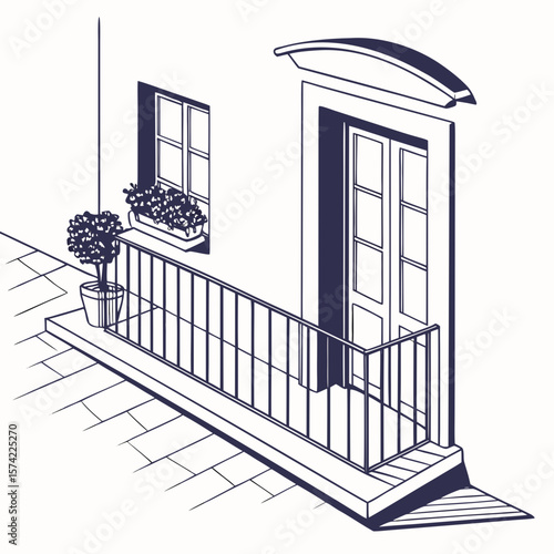Balcony with potted plants and doorway window railing