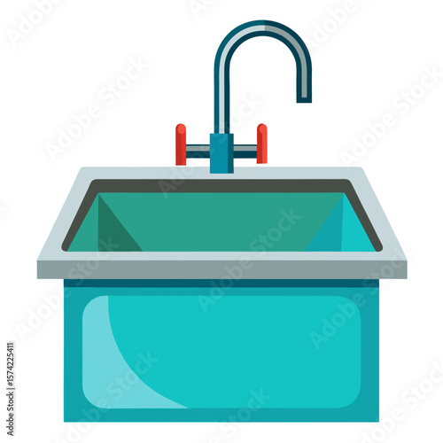 Turquoise kitchen sink with chrome faucet and red handles plumbing water