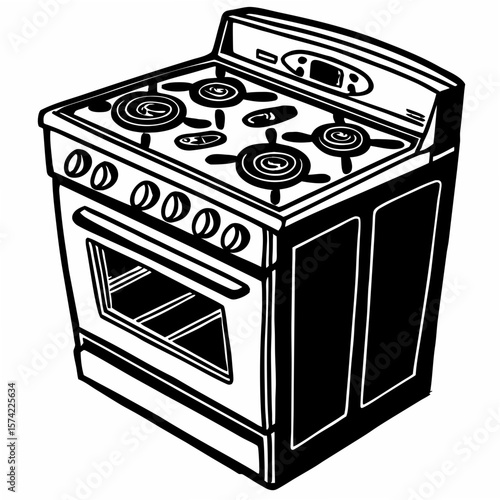Black and white stove with oven and burners kitchen appliance cooking