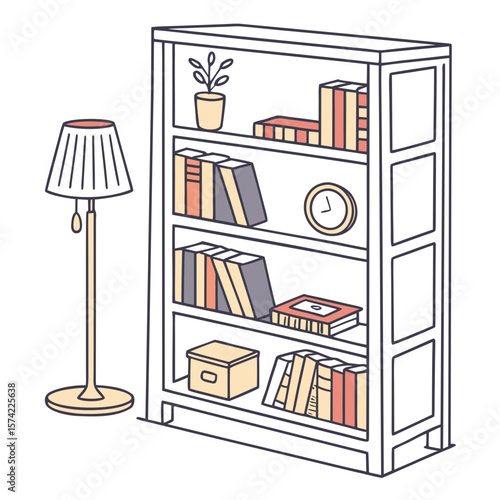 Bookshelf with lamp and clock plant