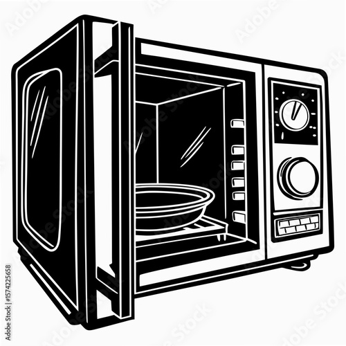 Black and white illustration of an open microwave oven kitchen appliance cooking