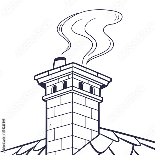 Stone chimney with smoke on roof building