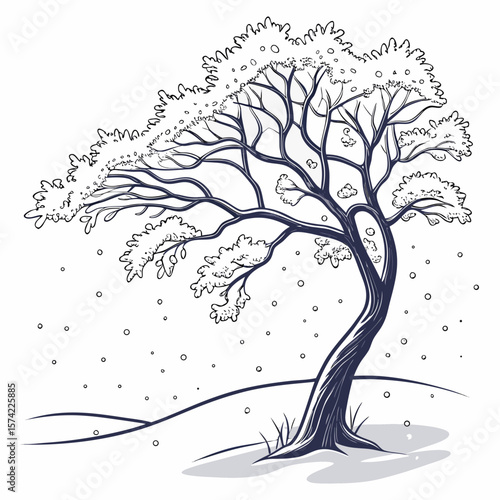 Stylized winter tree with snow falling snow branches