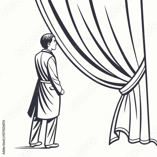 Man in robe looking at draped curtain vector