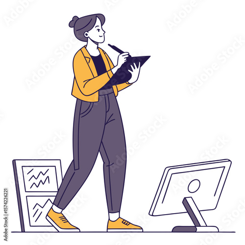 Woman working with digital tablet and computer drawing