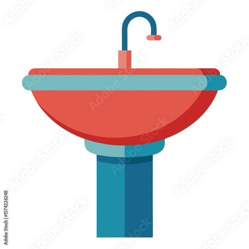Coral and teal washbasin with blue pedestal sink faucet
