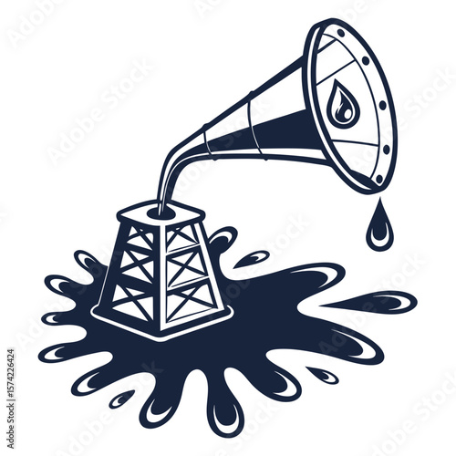 Oil rig with dark liquid spill and drop drilling industry