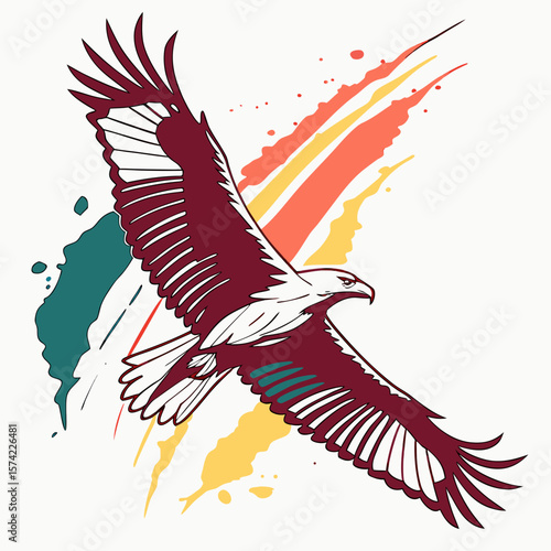 Majestic eagle soaring with abstract colorful paint splashes bird flight