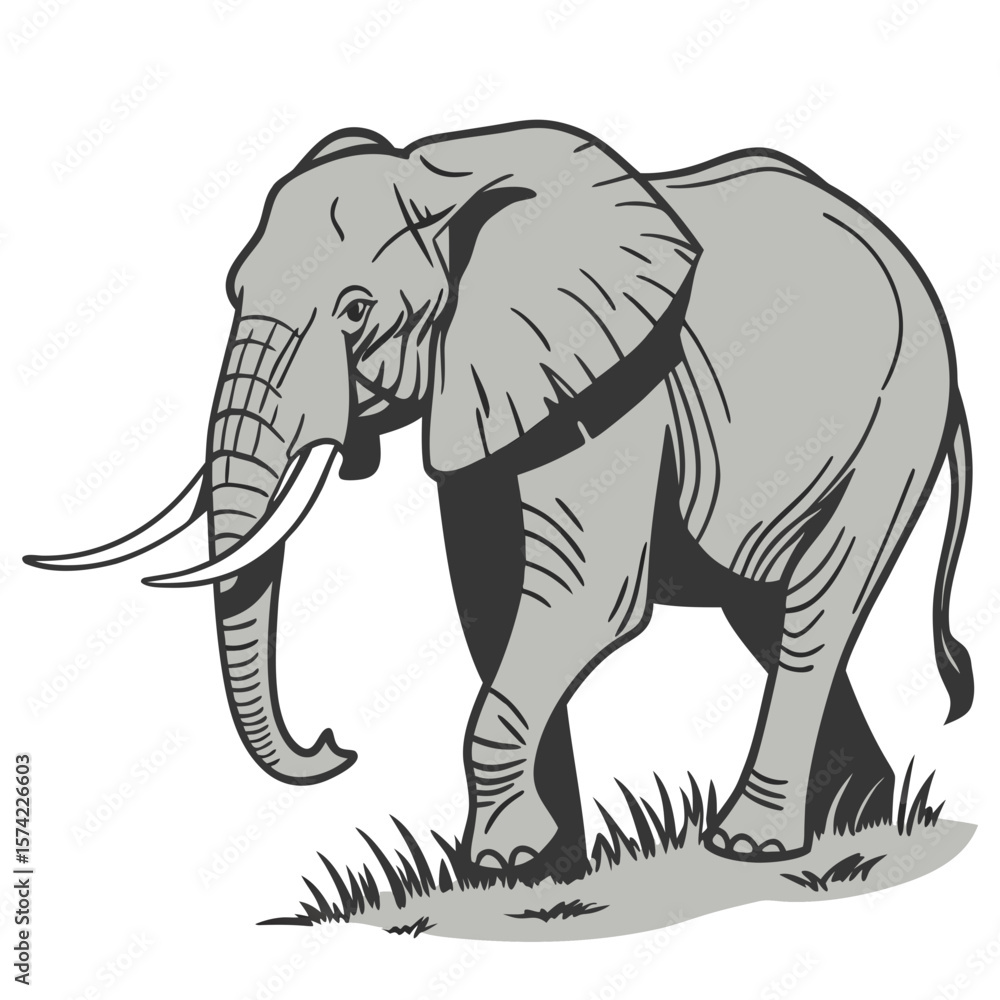 Fototapeta premium Gray elephant walking on grass tusks trunk