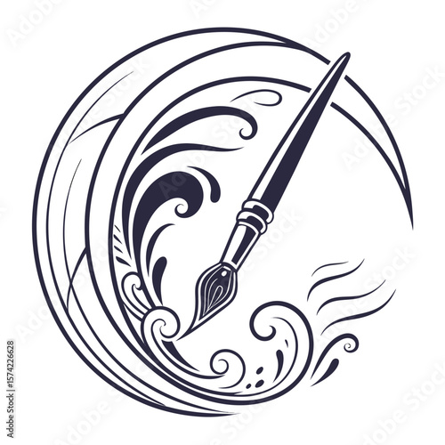 Dark blue brush stroke circle with swirling artistic elements symbol