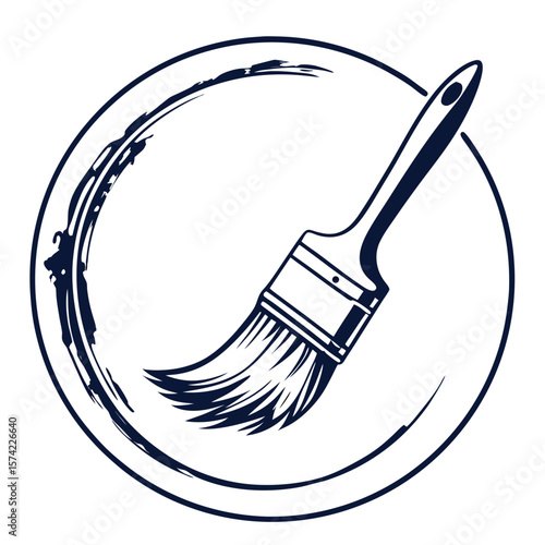 Dark blue paint brush strokes forming a circle on white artistic