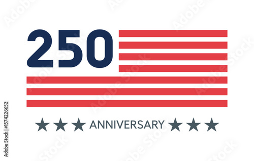 Minimalist patriotic logo design celebrating the 250th anniversary of the United States, featuring bold number 250, red stripes, and stars. Editable file.