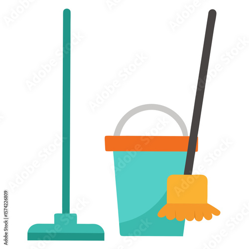 Teal bucket with orange rim and mop cleaning