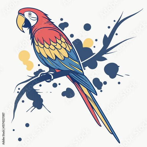 Colorful parrot perched on a branch with abstract splashes macaw bird