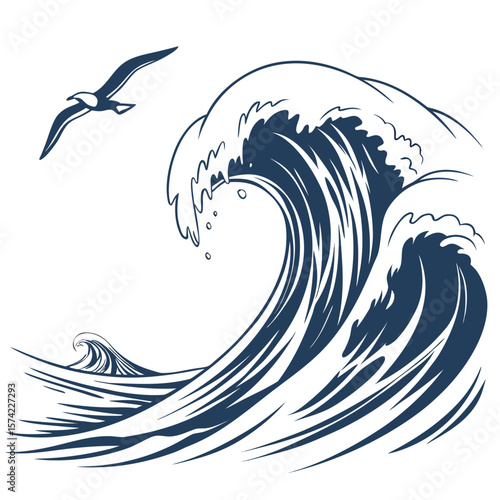 Majestic ocean wave with soaring seabird water nature