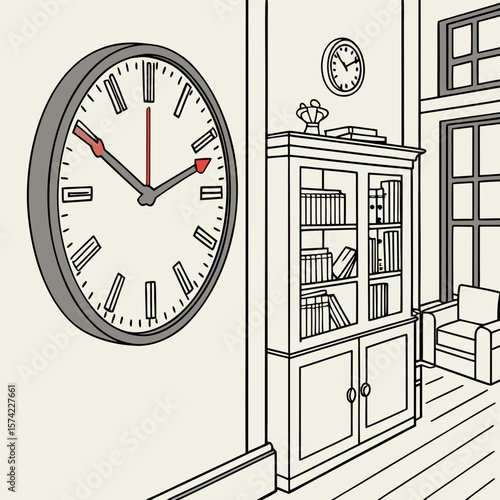 Large wall clock with roman numerals and red hands beside bookcase and chair books