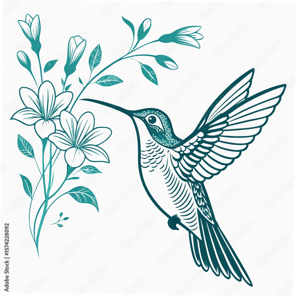 Obraz premium Hummingbird feeding on teal flowers nature wildlife