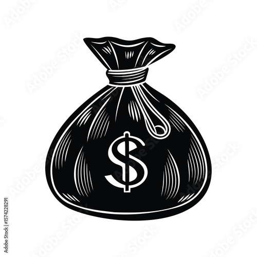 Monochrome illustration of a tied money bag with dollar symbol on it