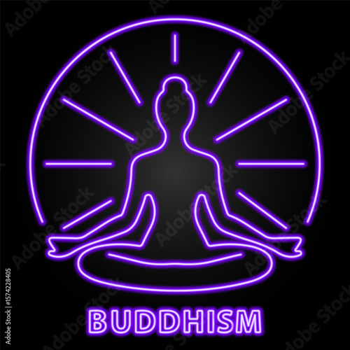 buddhism neon sign, modern glowing banner design, colorful modern design trend on black background. Vector illustration.