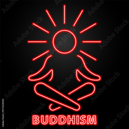 buddhism neon sign, modern glowing banner design, colorful modern design trend on black background. Vector illustration.