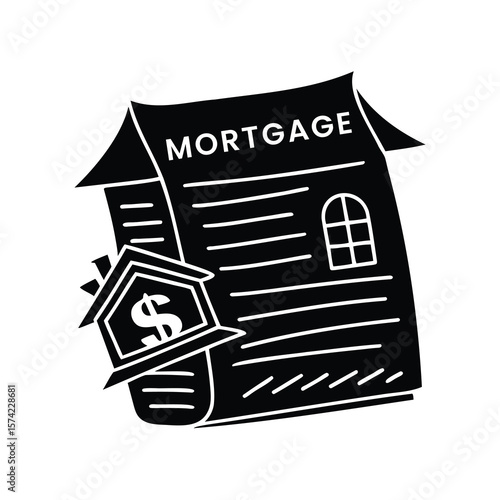 Mortgage loan agreement with a house and a money sign, depicted in black and white