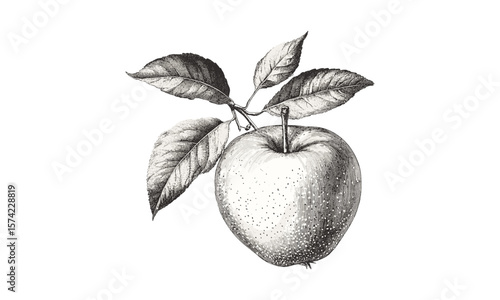 Kei apple fruit vintage engraving, hand-drawn black sketch in old engraving style, antique botanical print, retro exotic food illustration, trendy natural decor, classic fruit art design,
