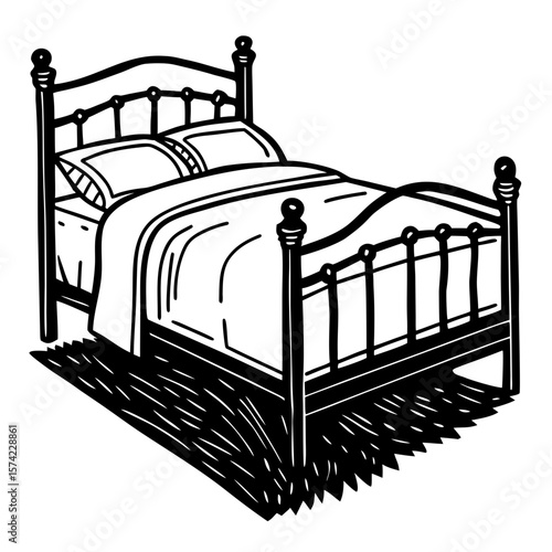 Vintage metal bed with pillows and blanket frame headboard