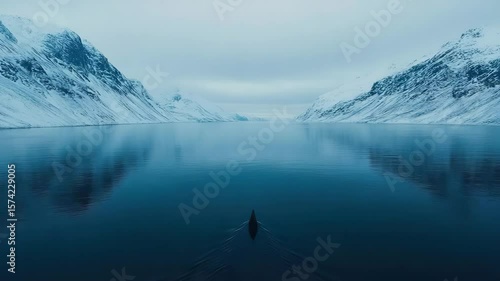 Serene Arctic Fjord: Kayaking Through Snow-Capped Mountains, 4K Drone Footage