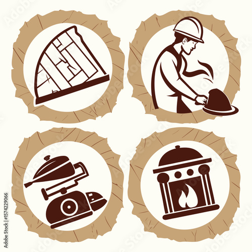 Worker with hard hat and metal pot near fireplace and building blueprint vector