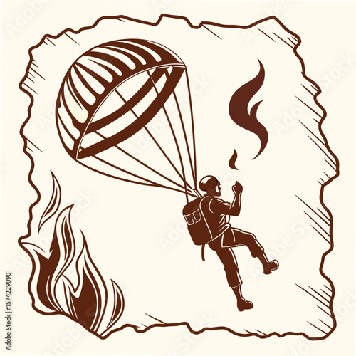 Parachutist descending with parachute and flames skydiving military