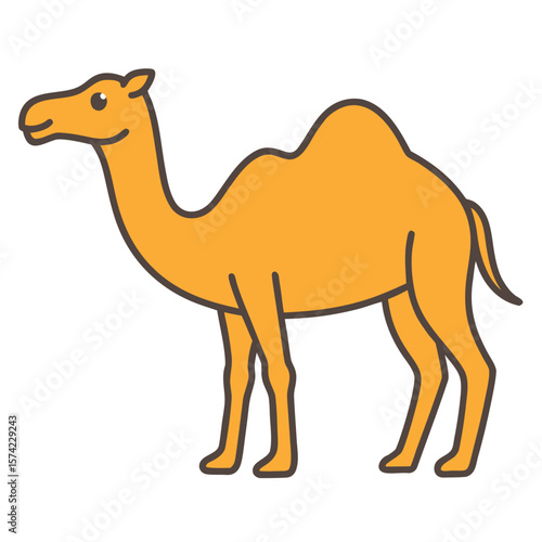 Orange camel with brown outline standing on white background animal