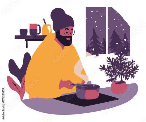 Cozy Winter Kitchen Scene with Man Cooking and Indoor Plants
